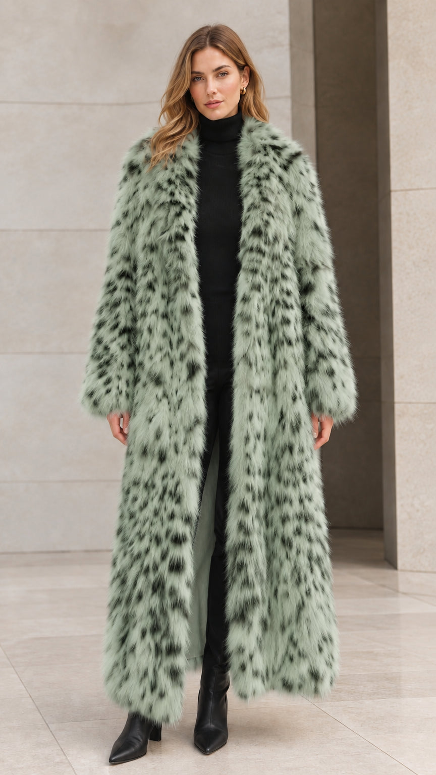 Full-length sage green speckled faux fur maxi coat on model