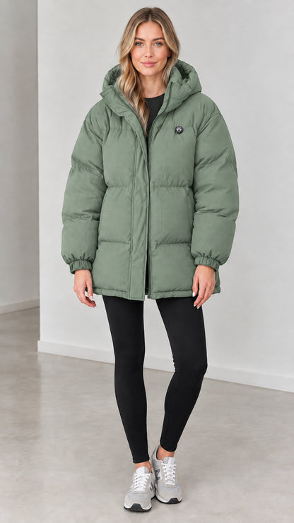 Front view of woman wearing sage green hooded oversized winter puffer coat