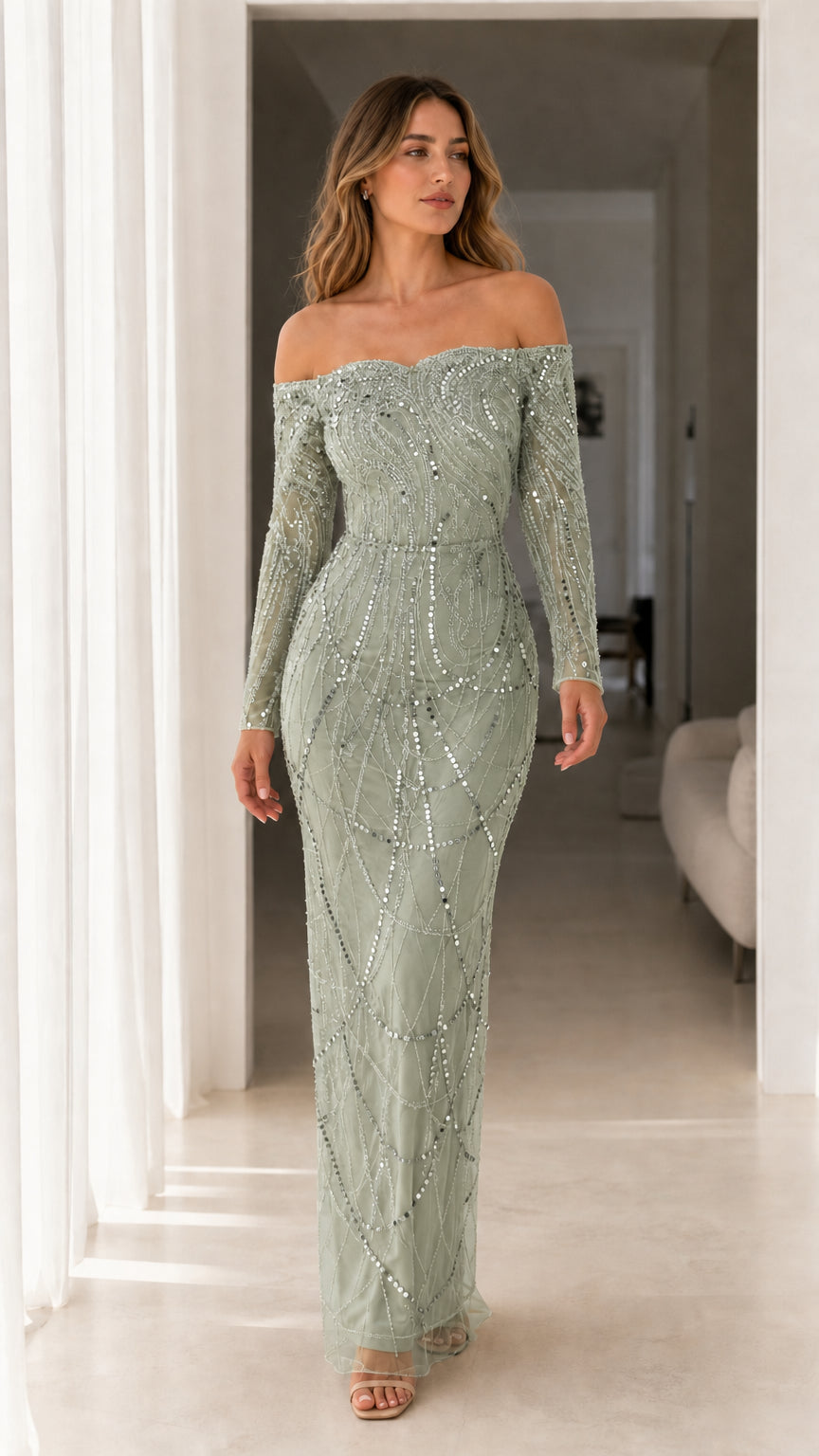 Sage green off-the-shoulder long sleeve sequin maxi evening dress