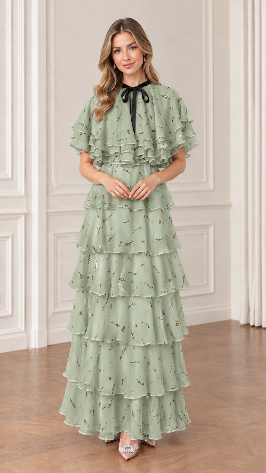 Sage green floral tiered chiffon maxi dress with bow collar