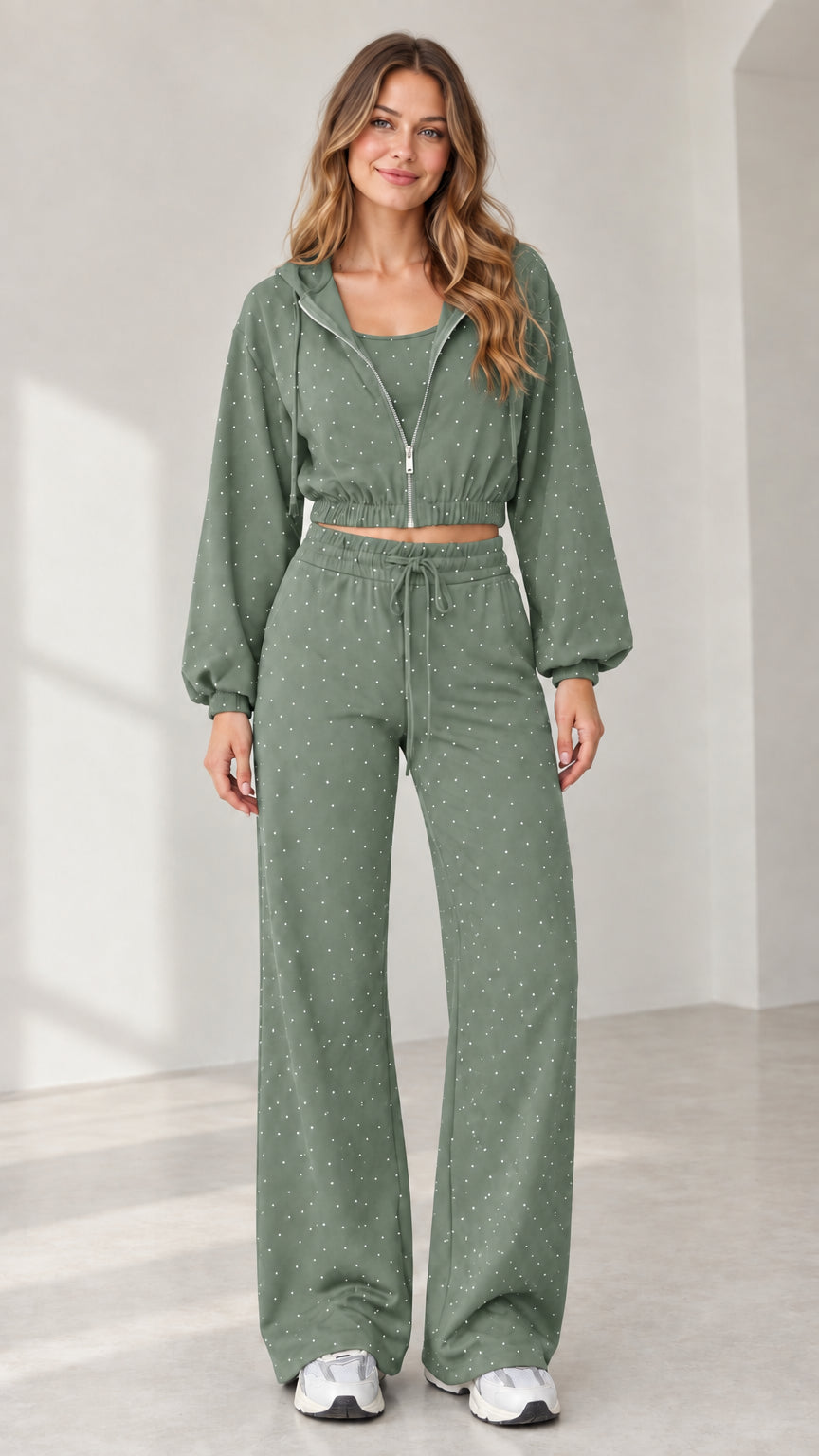 Full front view of model wearing sage green rhinestone 3-piece lounge set