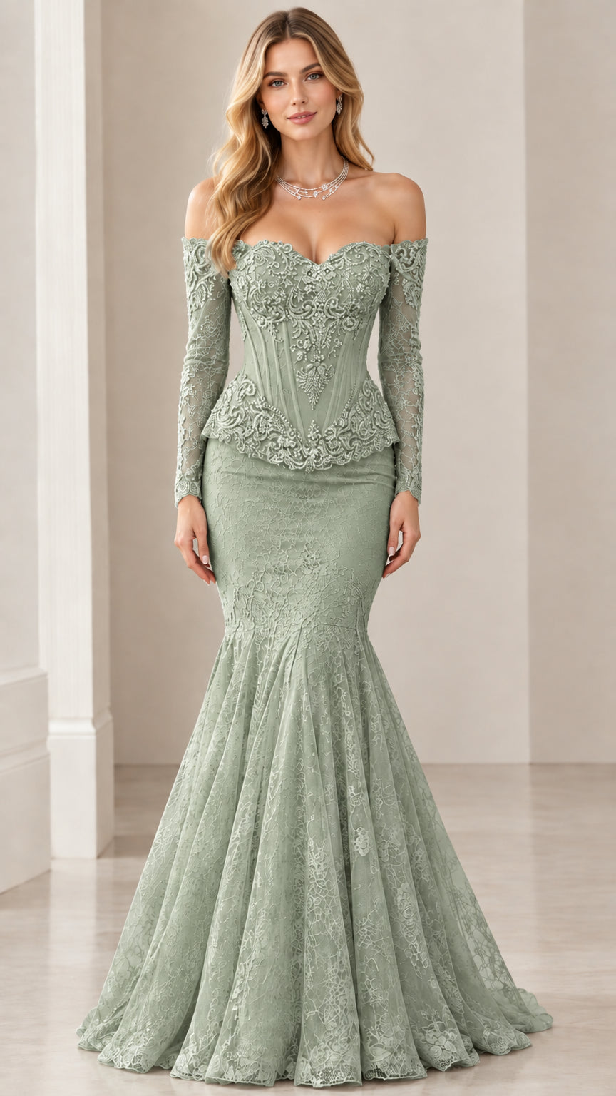 Front view of sage green off-the-shoulder lace corset mermaid formal gown