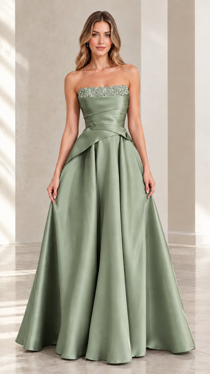 Sage Green strapless satin formal gown with crossover waist