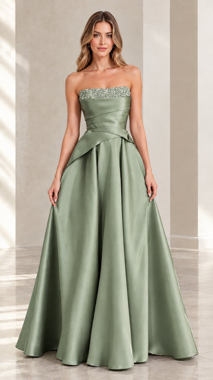 Sage Green strapless satin formal gown with crossover waist