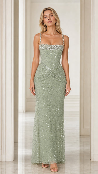 Front view of Sage Green sparkling ruched column evening gown