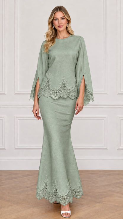 Sage green two-piece modest formal evening set with lace trim