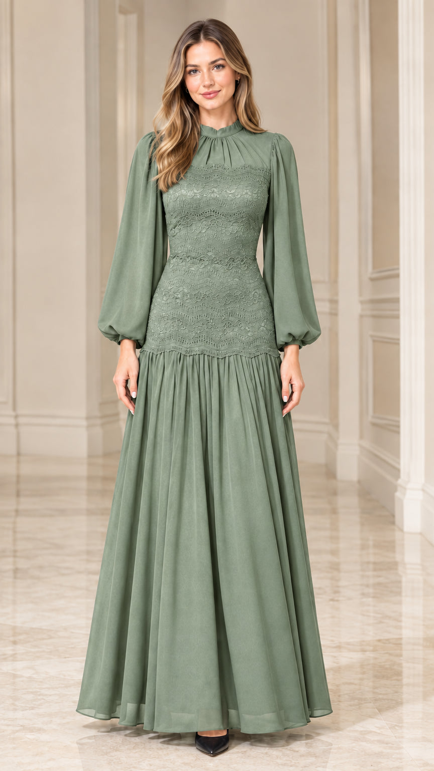Sage Green long sleeve lace bodice mock neck chiffon maxi dress