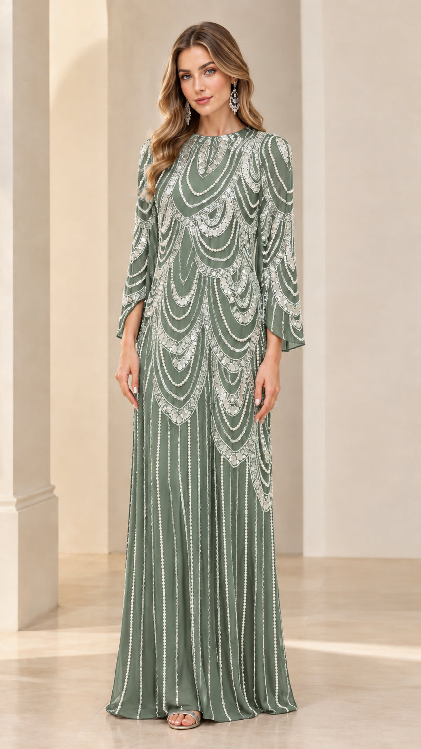 Front full-length view of sage green beaded and sequin formal maxi dress