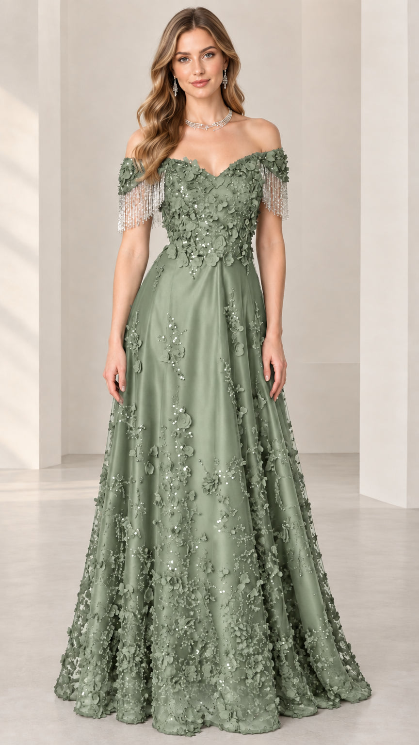 Front view of sage green off-the-shoulder floral embroidered evening gown