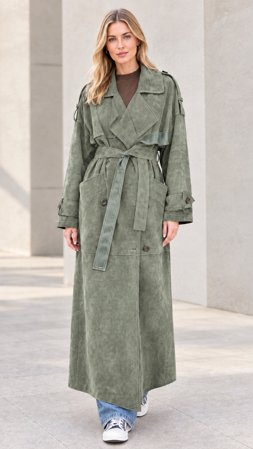 Front view of model wearing sage green maxi suede-finish trench coat