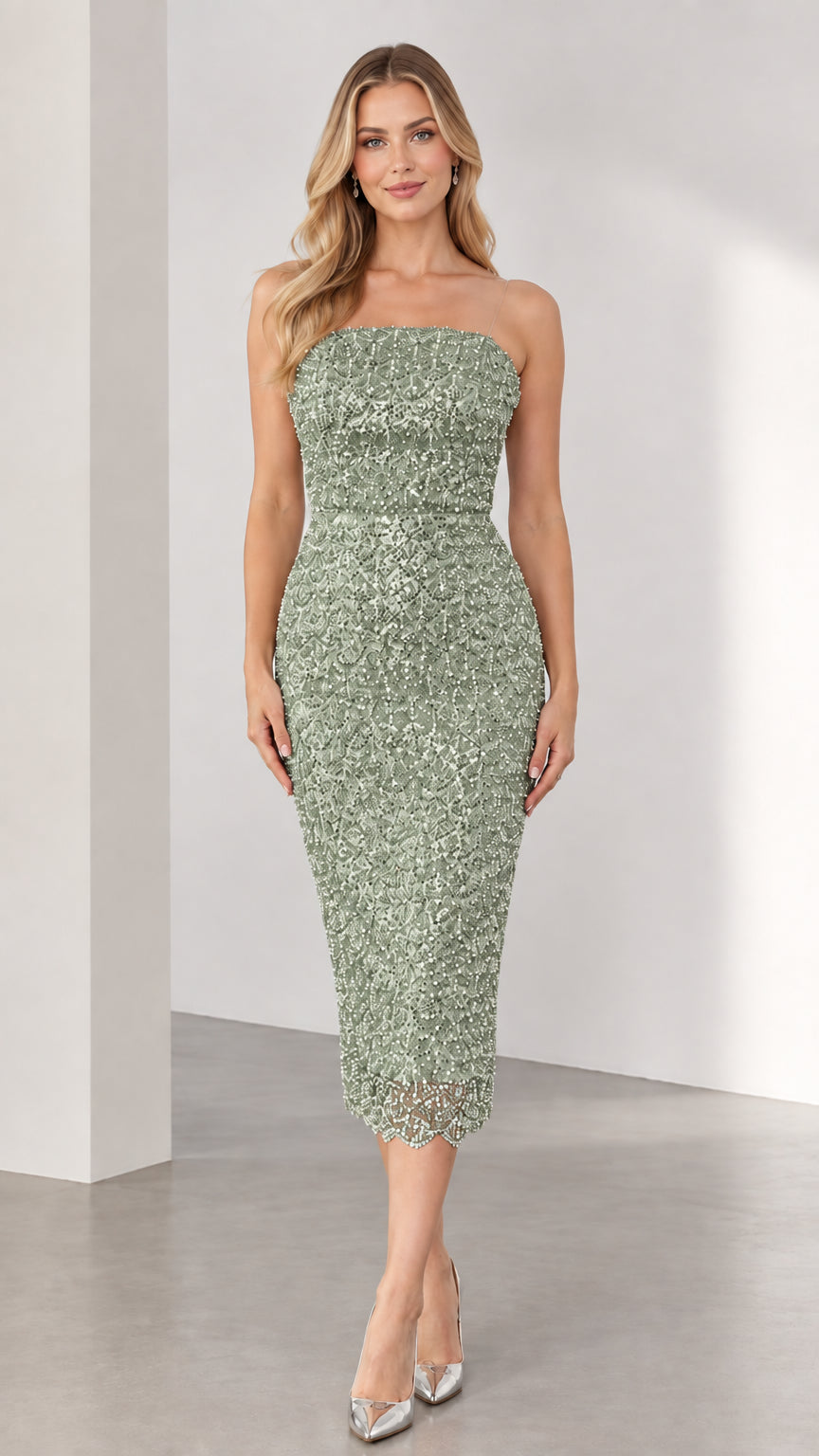 Front view of sage green strapless sequin sheath cocktail dress