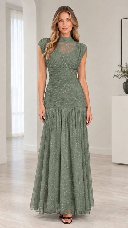 Front full-length view of model wearing sage green sparkle mesh mock neck formal dress