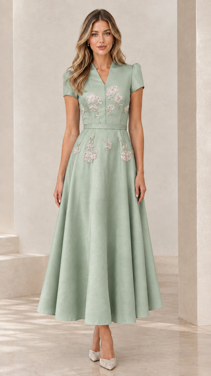 Sage green short sleeve floral embroidered A-line dress