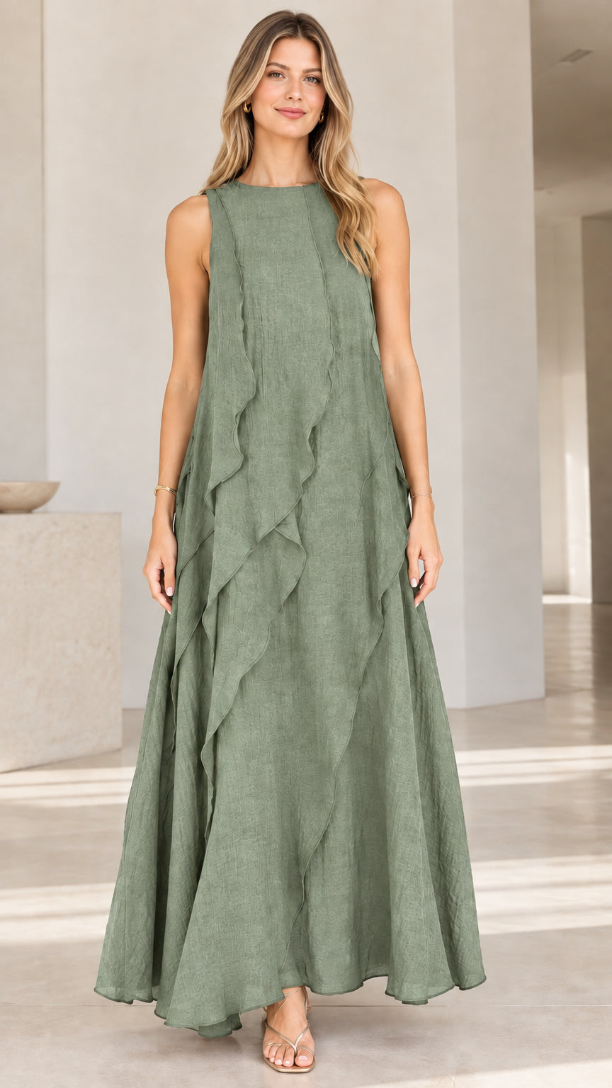 Full-length front view of woman wearing Sage Green sleeveless ruffle maxi dress