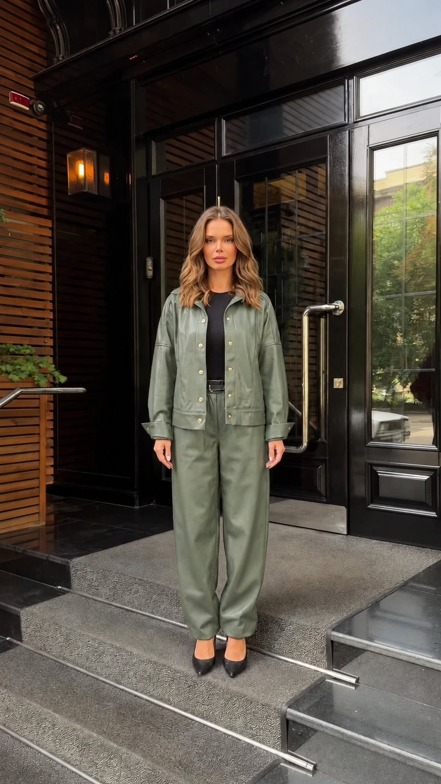 Front view of woman wearing sage green faux leather two-piece set