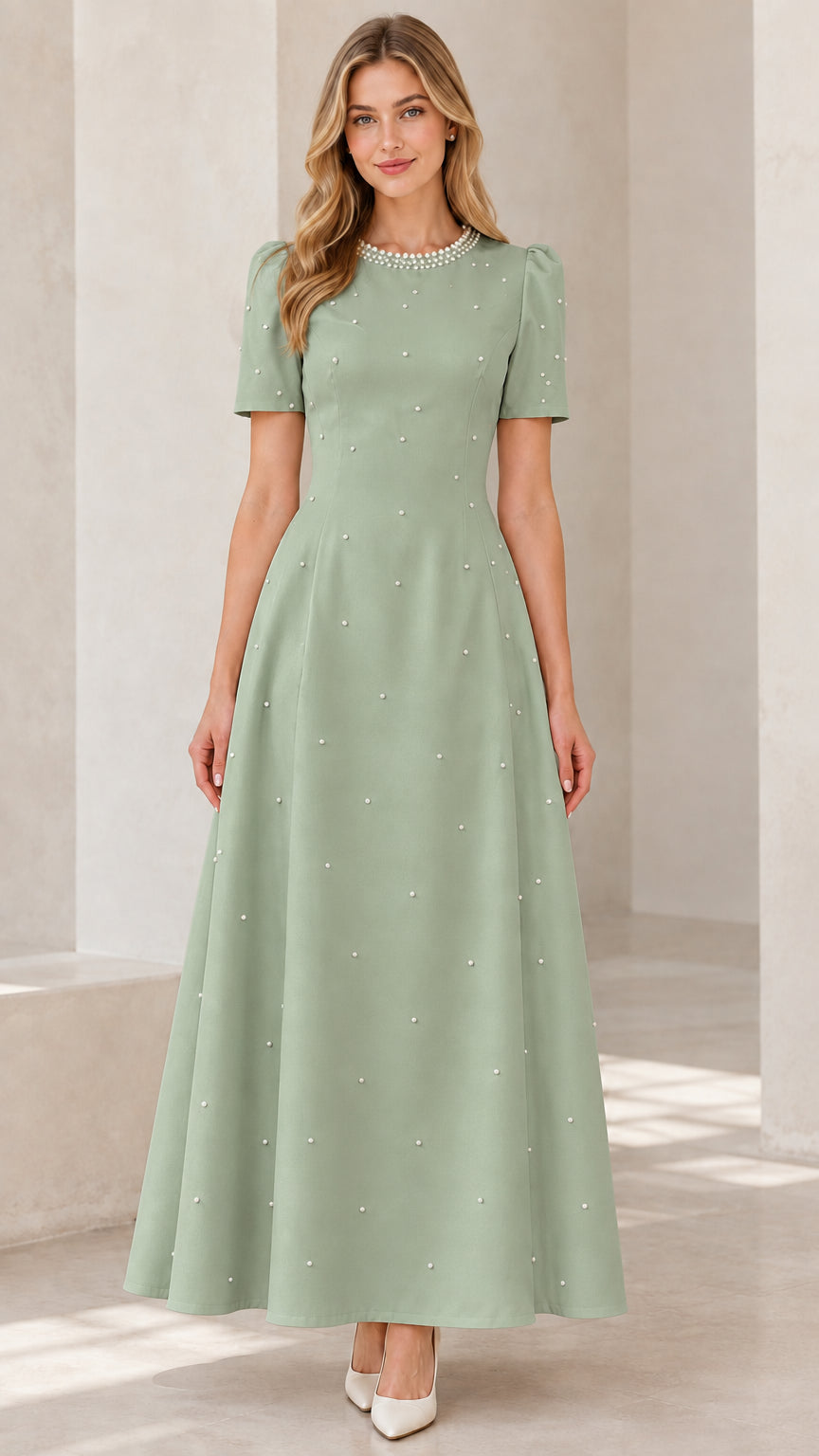 Front view of sage green pearl-embellished short sleeve A-line maxi dress
