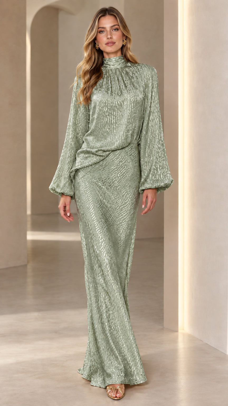Sage Green high neck lantern sleeve textured formal maxi dress front view