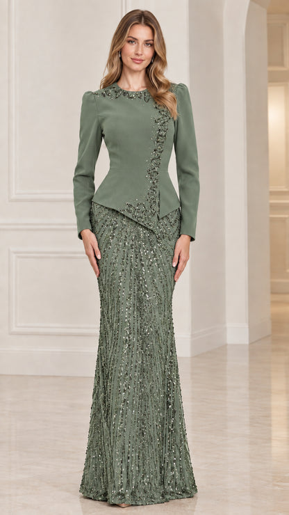 Sage green long sleeve sequin column gown with peplum detailing