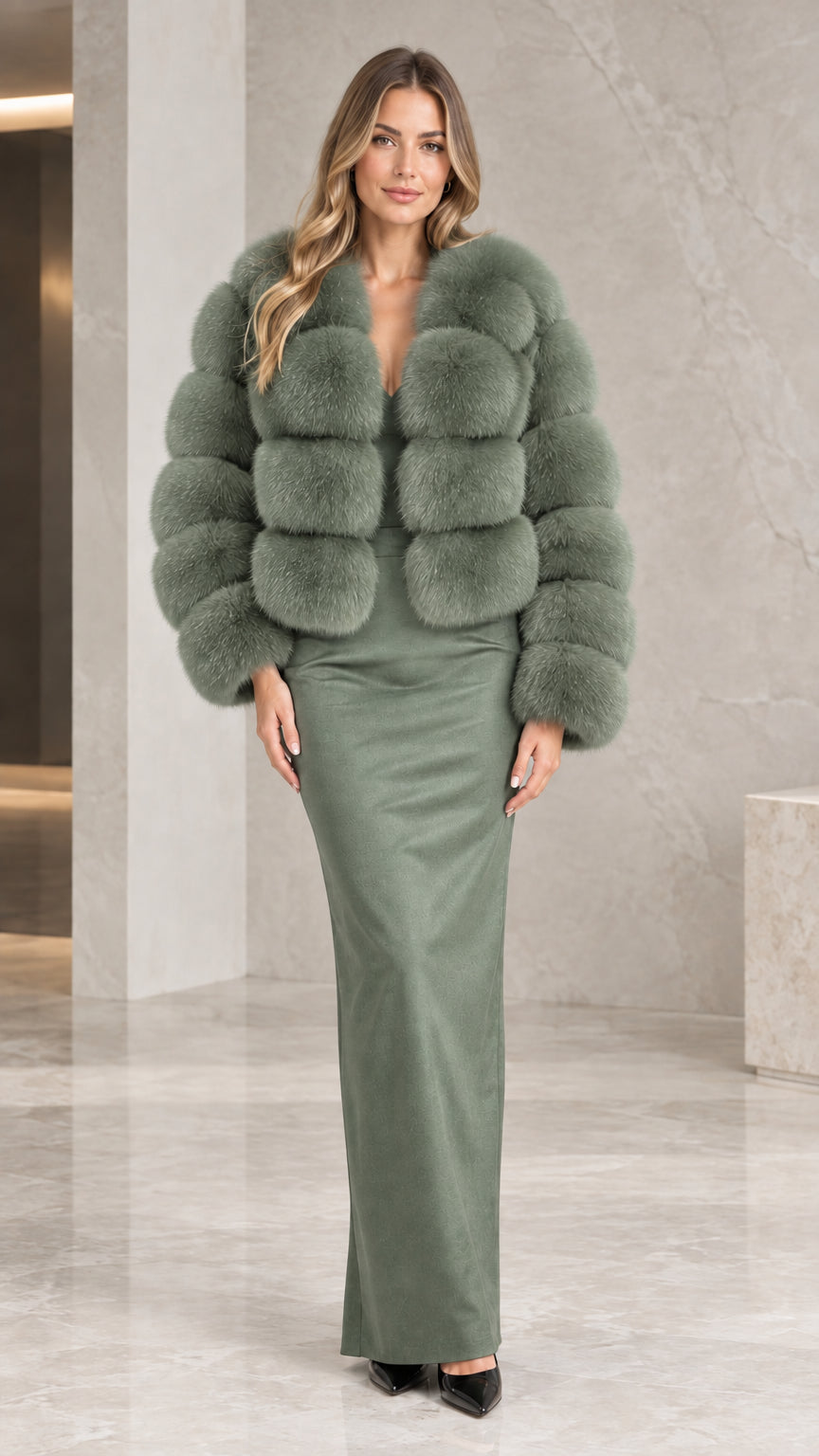 Front view of model wearing the sage green plush faux fur cropped jacket