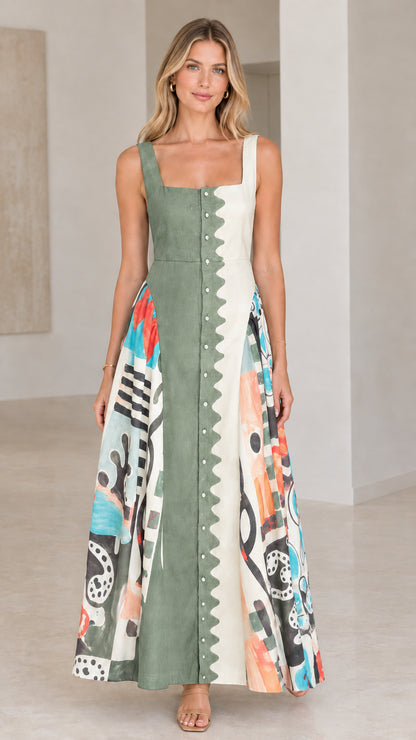 Full-length front view of sage green and cream scalloped button-front maxi dress with abstract print