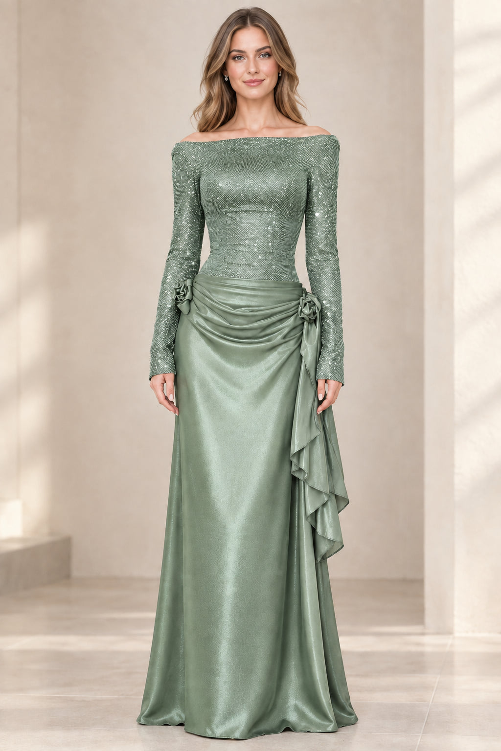 Model wearing Sage Green off-the-shoulder formal maxi dress