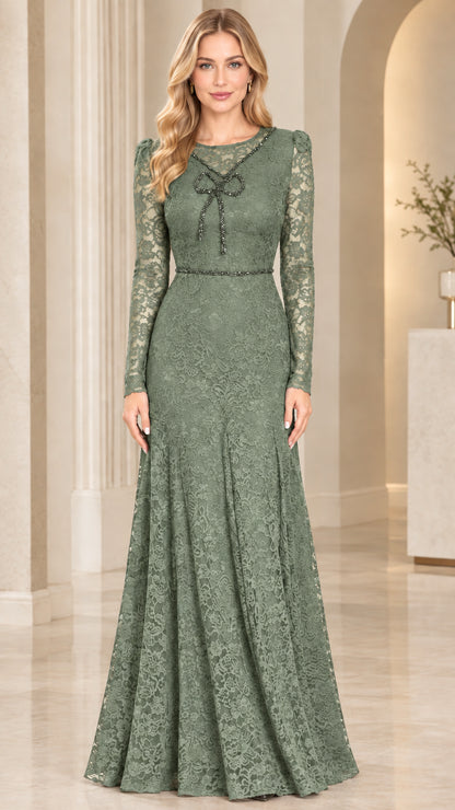 Front view of model wearing sage green floral lace long sleeve formal gown