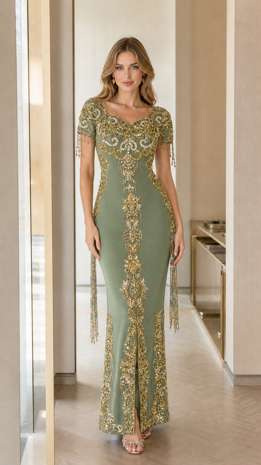 Front view of sage green beaded column evening gown with front slit