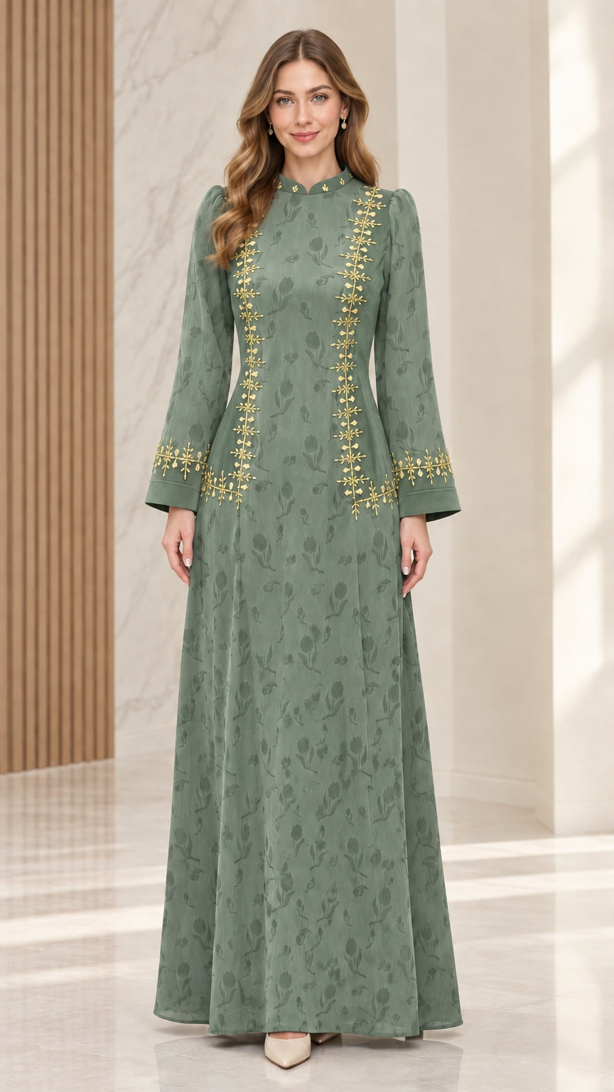 Sage green embroidered floral jacquard evening maxi dress