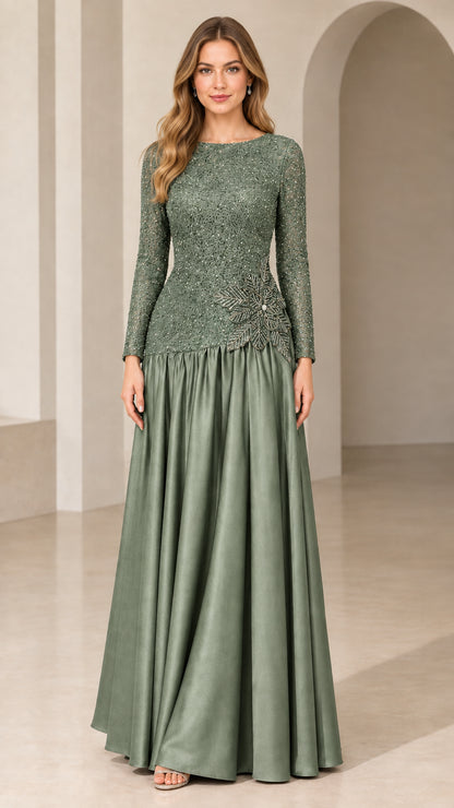 Sage green long sleeve sequin embellished formal maxi evening gown