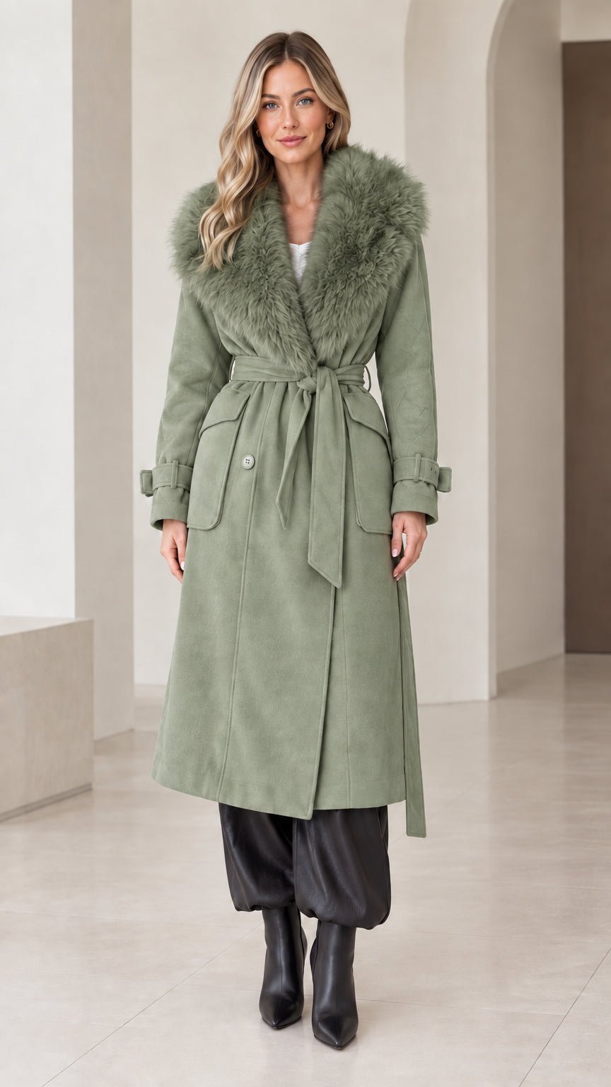 Front view of model wearing sage green belted long coat with faux fur shawl collar