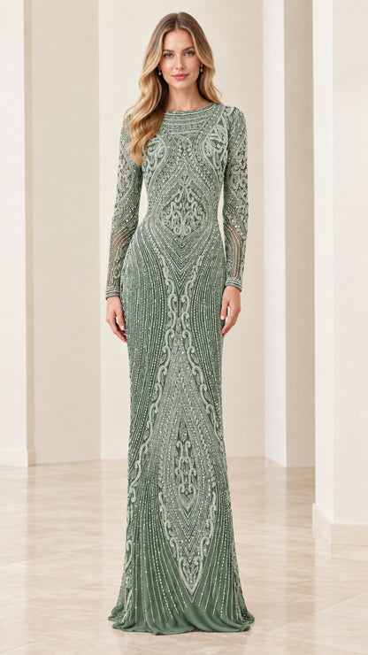 Sage green long sleeve beaded formal column gown