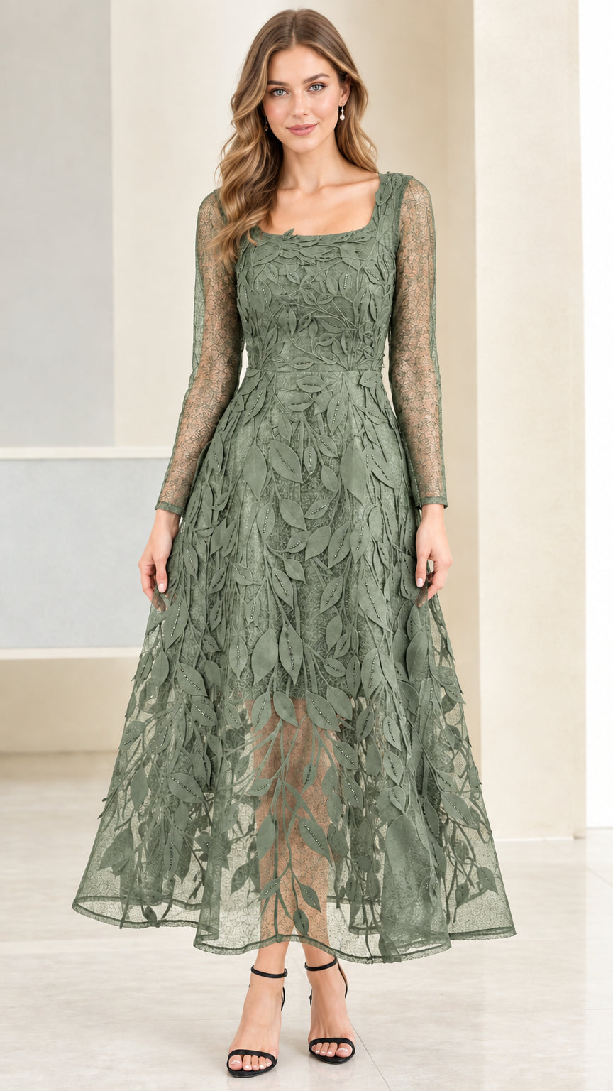 Front view of Sage Green square neck embroidered lace A-line evening dress