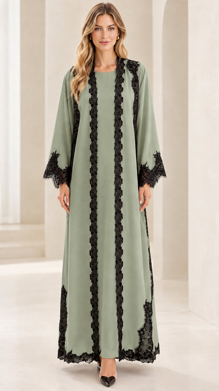 Full-length sage green modest maxi dress with black lace trims
