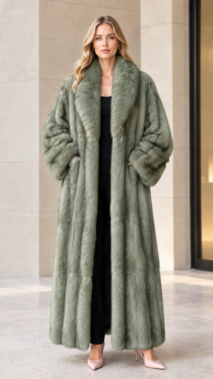 Full-length front view of sage green plush faux fur maxi coat