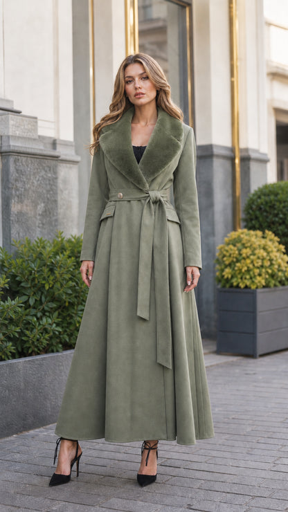 Model wearing sage green flared maxi coat with coordinated faux fur lapel