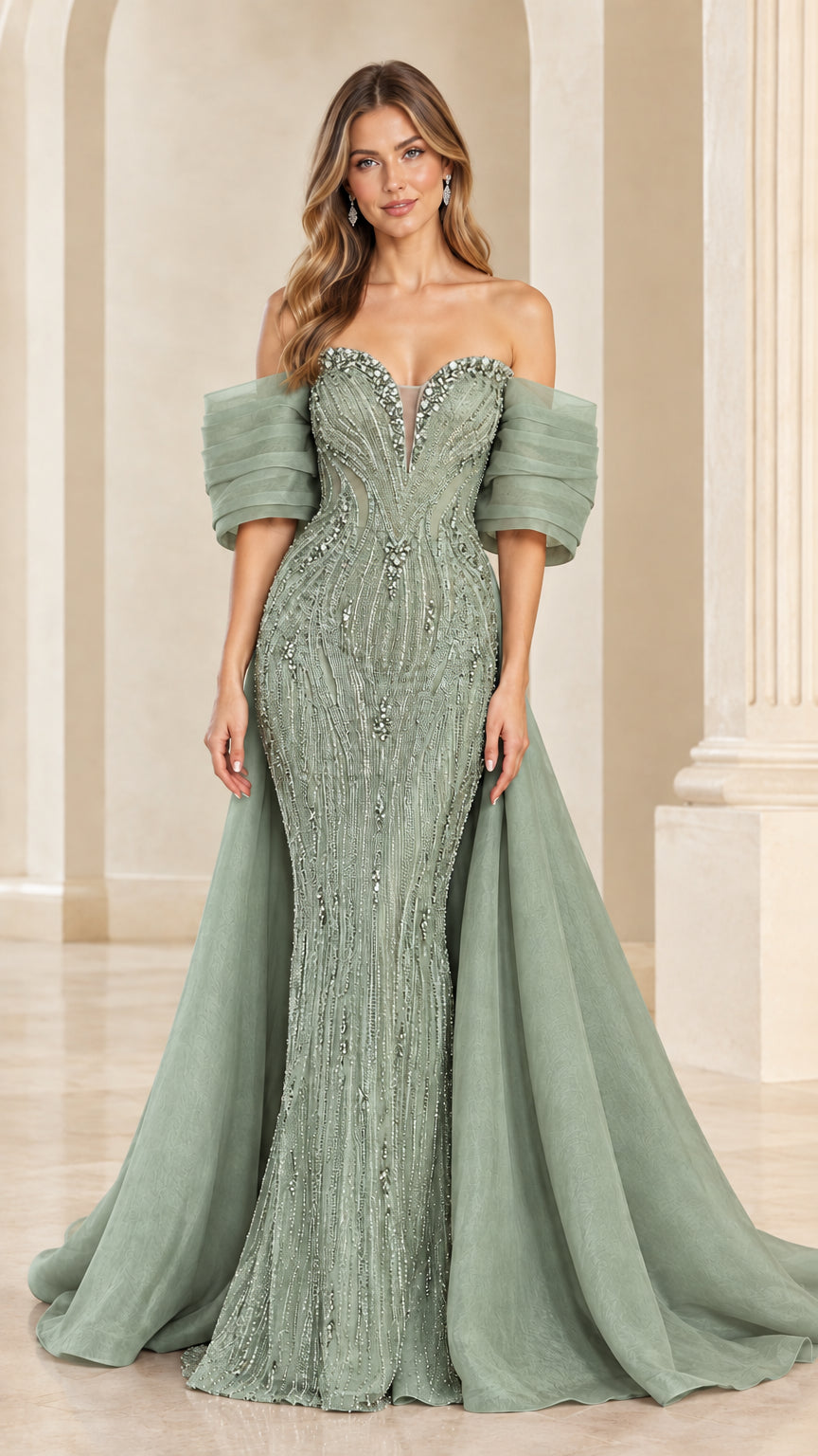 Sage green beaded floor-length formal gown with structured sleeves and overskirt