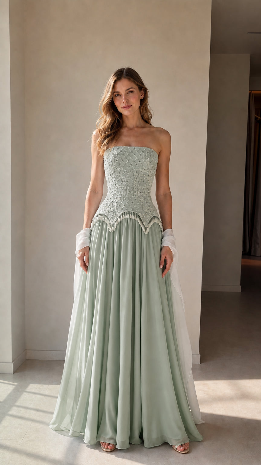 Model wearing sage green strapless beaded corset evening gown with white wrap