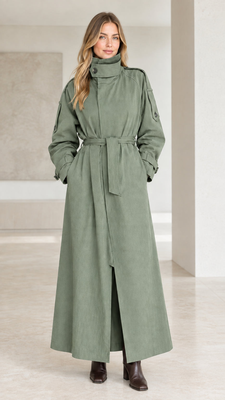 Front view of sage green maxi belted trench coat