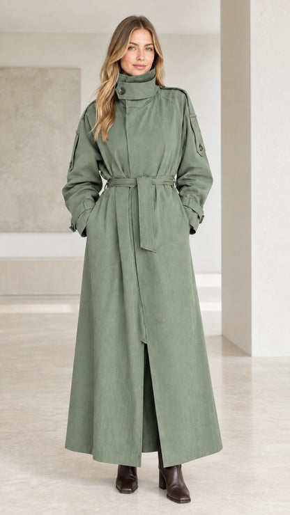 Front view of sage green maxi belted trench coat