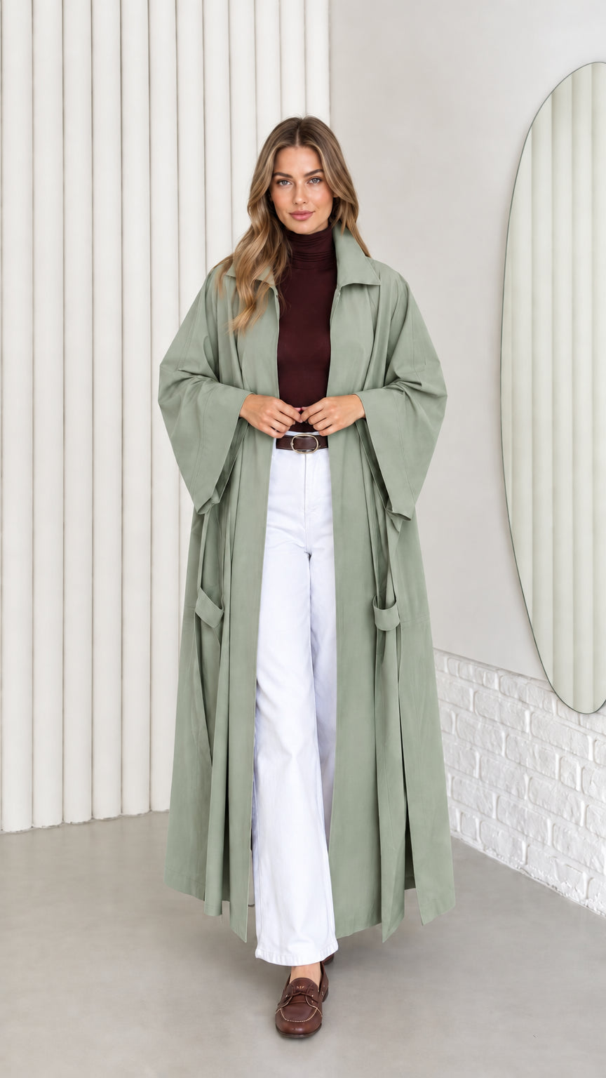 Women's flowy long kimono trench coat in sage green