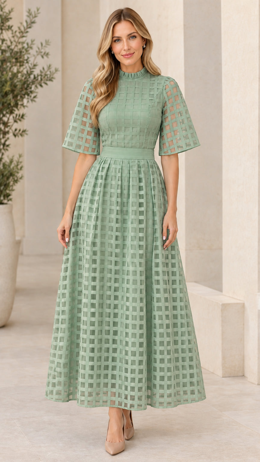 Front view of sage green mock neck sheer grid overlay maxi dress