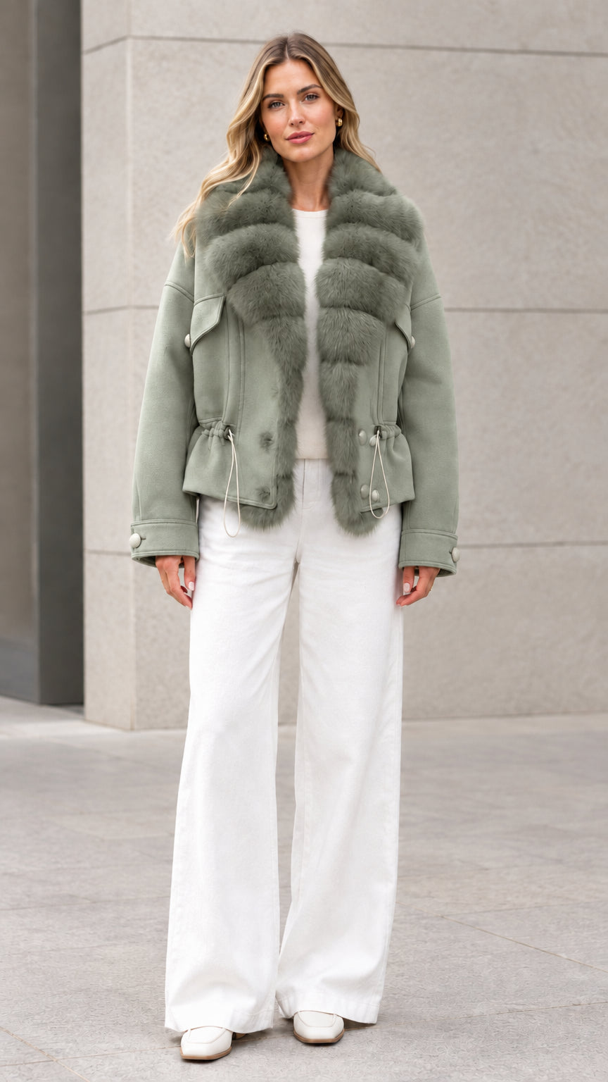 Woman wearing sage green faux fur trim cinched waist short jacket