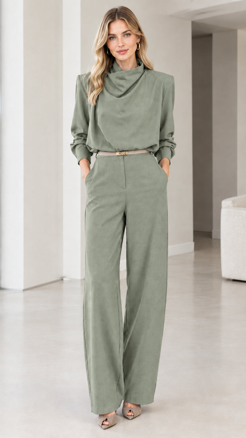 Sage Green Long Sleeve Cowl Neck Wide Leg Belted Jumpsuit