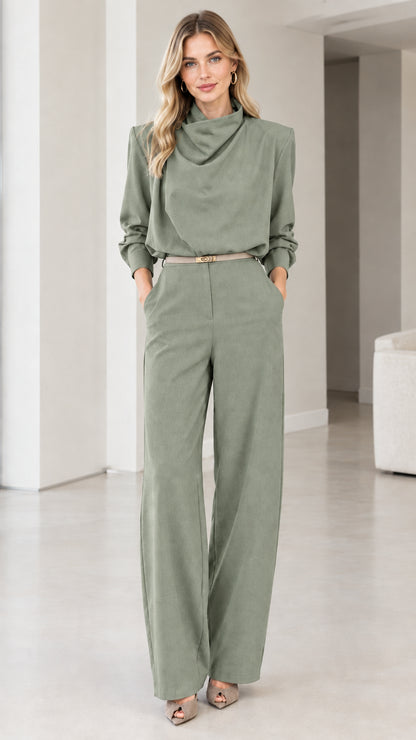 Sage Green Long Sleeve Cowl Neck Wide Leg Belted Jumpsuit