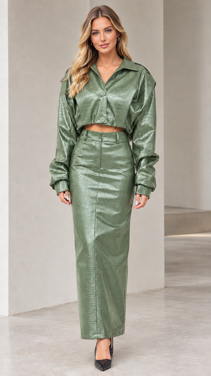 Model wearing sage green crocodile embossed faux leather cropped jacket and maxi skirt set