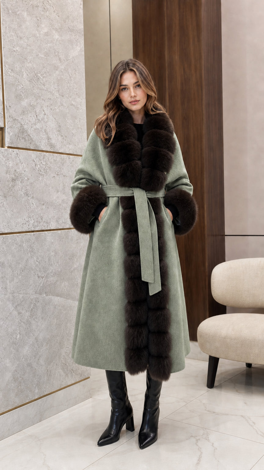 Front view of woman wearing the sage green belted longline coat with dark fur trim