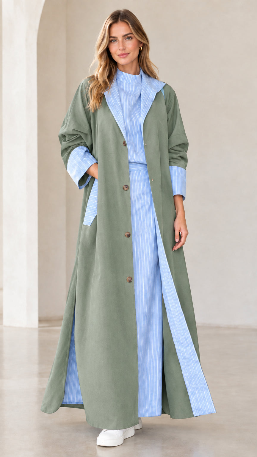 Women's sage green maxi duster coat with striped contrast lapels and pockets
