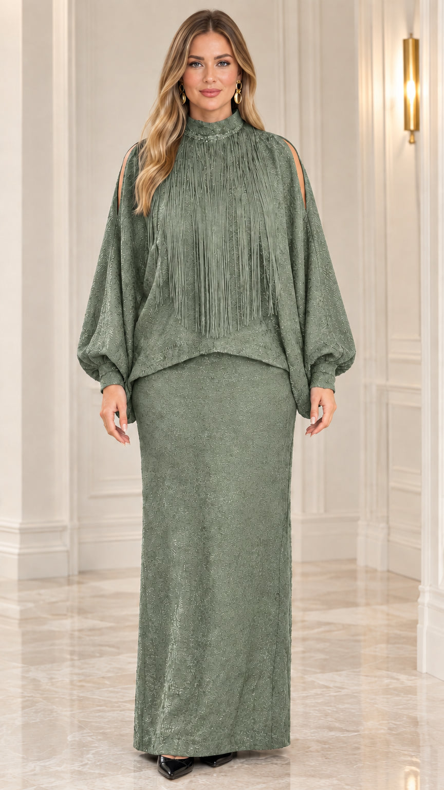 Front view of model wearing sage green fringe mock neck two-piece maxi dress set