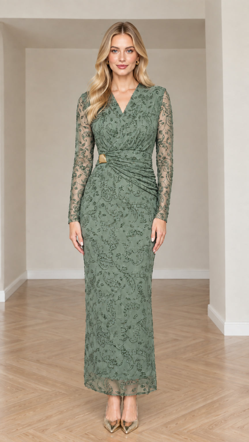 Front view of sage green long sleeve lace formal gown with side gather