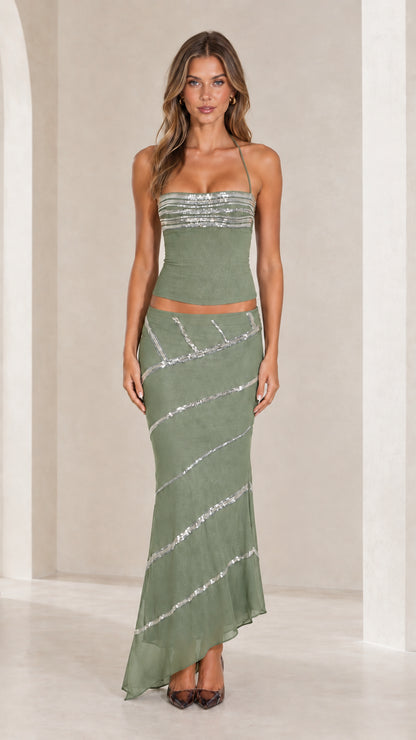Sage green two-piece halter top and sequin-striped maxi skirt set